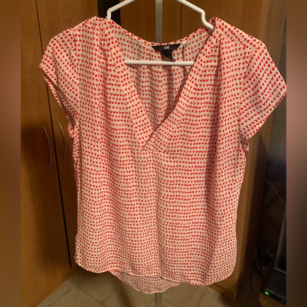 H&M White Blouse with Red Heart Pattern